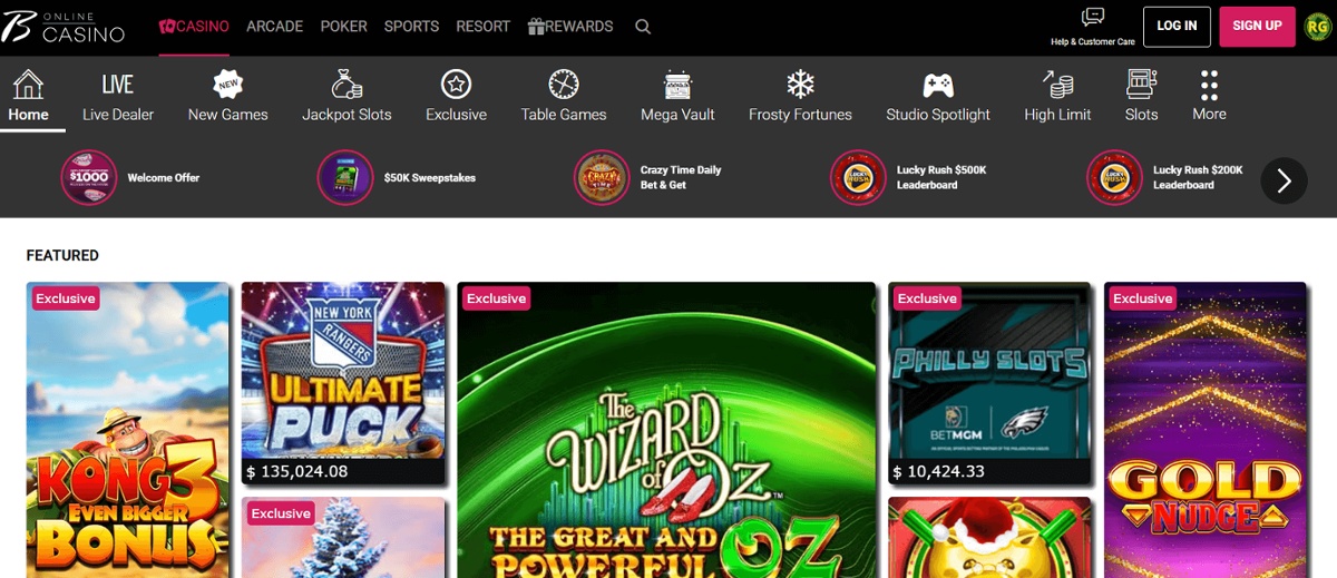 The Borgata homepage, showing featured and exclusive games.